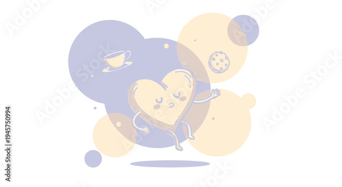 Cute Heart Character Dancing with Coffee Cup and Cookie, Whimsical Fun