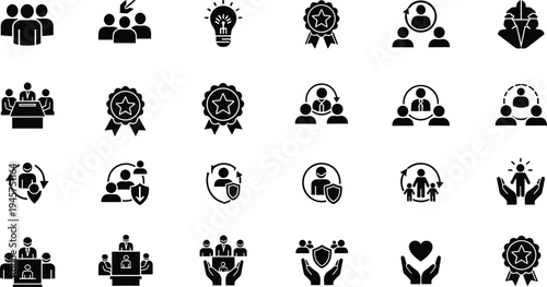 Teamwork and leadership icons set, protection and recognition symbols, support and care visuals, business collaboration and award illustrations