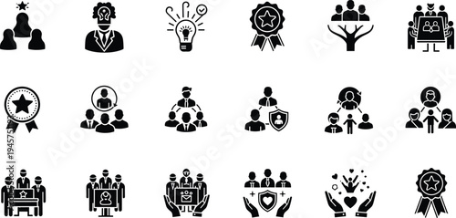 Business teamwork icons set, leadership and recognition symbols, collaboration and innovation visuals, award and achievement illustrations, corporate concept graphics