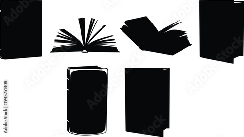 Book silhouettes vector pack, open and closed books, stacked icons, education graphics, literature design, school illustration, reading concept, publishing art