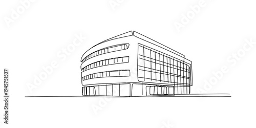 A simple continuous line art drawing of a modern commercial building with curved and straight facades Vector, illustration