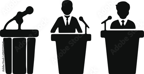 Three individuals speaking at microphones during a public debate or discussion