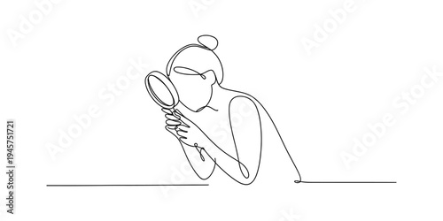 A person using a magnifying glass to examine something closely, drawn in a continuous line art style. Vector, illustration