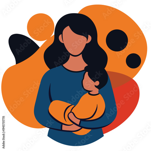 Stylized mother holding her baby with abstract background, representing maternal love