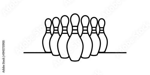 A line art illustration of eight bowling pins arranged in a standard triangular formation on a lane Vector, illustration
