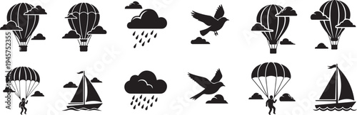 Silhouette of various aircraft and sailing vessels in flight and on water