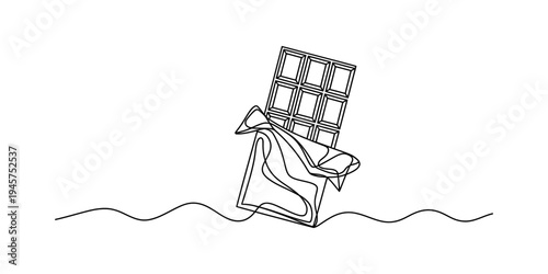 A single line drawing of a chocolate bar partially removed from its wrapper on a white background Vector, illustration