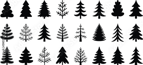 Tree silhouettes collection, forest vector art, botanical outline illustration, coniferous deciduous design, nature foliage graphic, woodland landscape icon