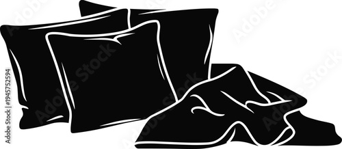 Bed pillows and blanket silhouette, comfortable bedding concept, bedroom interior element, soft textile illustration, cozy sleep accessory vector isolated