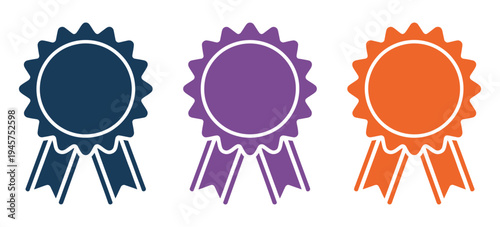 Award ribbons set, blue, purple, and red prize rosettes for first place winners, vector illustrations ideal for competitions, achievements, certificates, contests, and recognition graphics.