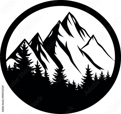 Mountain Range and Pine Tree Forest Silhouette in Circular Frame, Minimalist Scalable Vector Art