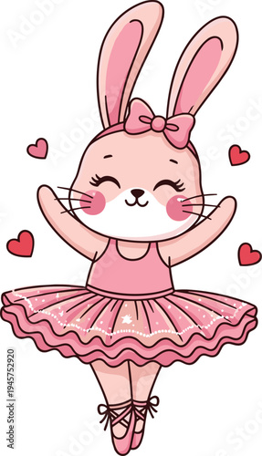 Cute ballerina bunny cartoon character in pink tutu dress with hearts, adorable dancing rabbit vector illustration for kids and nursery design
