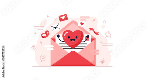 Cute Heart Character in Envelope, Love Letter, Valentine's Day, Romantic Message