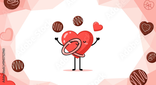 Cute Heart Character Juggling Chocolates with Love Hearts Background