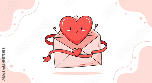 Cute Heart Character Emerging from Envelope with Ribbon - Love Letter, Valentine's Day, Romance