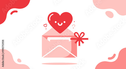 Cute Heart Character Emerging from Open Envelope with Gift Ribbon, Love Letter Concept