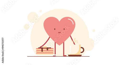 Cute Heart Character Enjoying Pancakes and Coffee