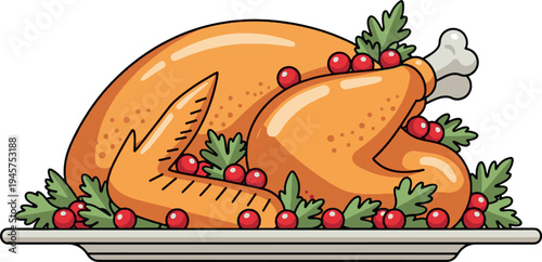 Roasted turkey is presented on a platter garnished with green leaves and red berries perfect for holiday celebrations