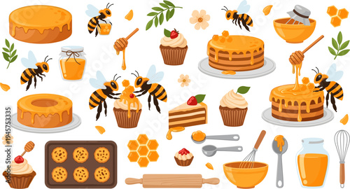 Cute Bees Baking Honey Desserts Collection with Honey Cake, Cupcakes, Cookies, Honeycomb, Kitchen Tools, and Sweet Honey Drips Vector Illustration Set