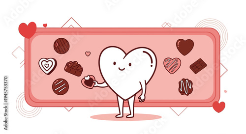 Cute Heart Character Holding Chocolate, Surrounded by Sweets, Valentine's Day Concept