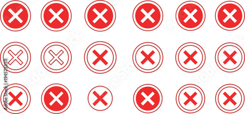 Red cross mark icons set in circle buttons collection, cancel delete close error remove wrong symbol vector illustration isolated on light background