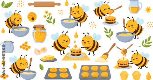 Cute Cartoon Bees Baking Honey Cakes and Cookies with Bowls, Honey Jars, Rolling Pin, Oven Trays, and Sweet Dessert Elements Vector Illustration Set