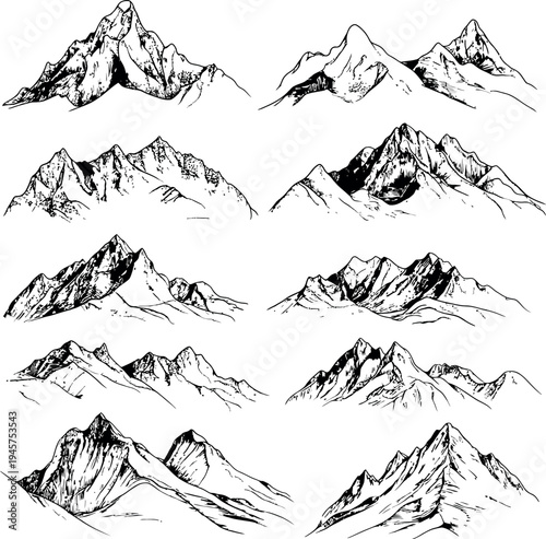 Hand Drawn Mountain Peaks Collection, Vector Set of Sketch Mountain Ranges for Outdoor Design
