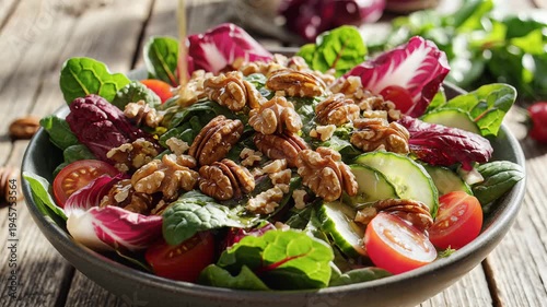 Fresh salad with nuts and vegetables being drizzled with oil
