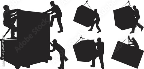 Industrial workers lifting heavy cargo, crane hoisting container silhouettes, construction labor teamwork concept, loading operations, black vector illustration isolated
