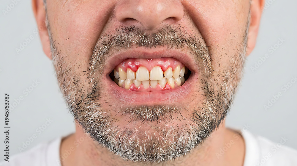 Fototapeta premium Close up of a middle-aged man showing red, swollen, and inflamed gums, which are typical signs of gingivitis or gum disease