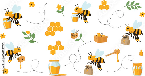 Cute Cartoon Bees Carrying Honey Jars and Boxes with Honeycomb, Flowers, and Honey Dipper Sweet Beekeeping Vector Illustration Collection