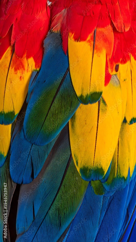 Obraz premium Close up of vibrant scarlet macaw feathers displaying red, yellow, and blue colors in detail