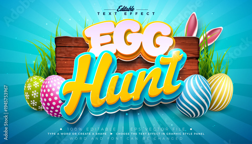 Easter Egg Hunt Text Effect Design Editable Vector Graphic Style with 3D Typography Lettering and Painted Eggs on Vintage Wood Background. Christian Religious Holiday Scalable Illustration Template