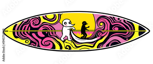 Colorful psychedelic surfboard illustration with abstract swirling waves and surfer characters in retro pop art style, perfect for surf culture designs, summer graphics, stickers and posters.