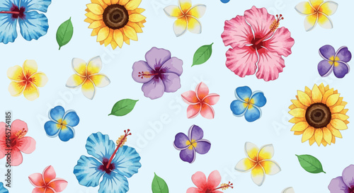 A delightful and vibrant watercolor pattern featuring a variety of tropical flowers and sunflowers on a soft blue background, perfect for summer designs