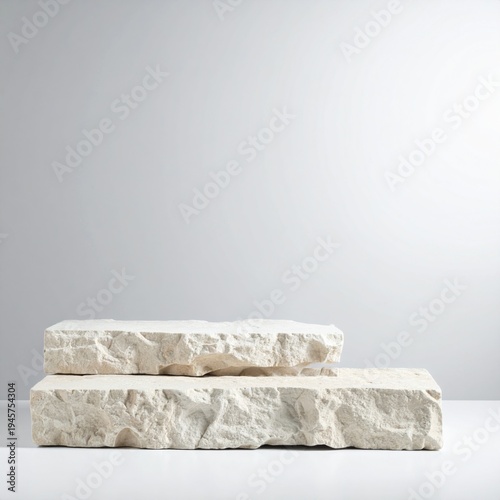 Rough Textured White Stone Blocks on White Surface Soft Light Studio Display