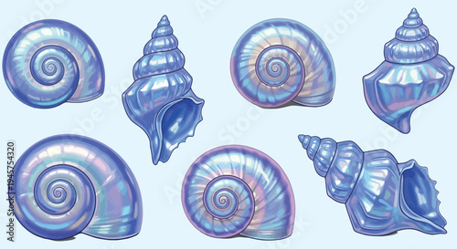 Vibrant vector illustrations of iridescent seashells, showcasing diverse spiral forms in shimmering blue and purple, ideal for refreshing summer designs and elegant marine graphics