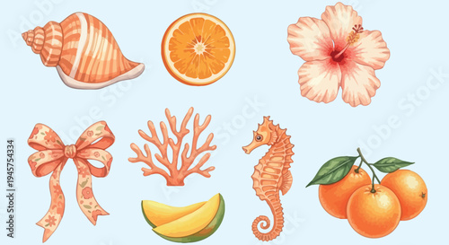 Hand-drawn summer tropical vector elements in orange and peach. Seashell, hibiscus, citrus, coral, seahorse, mango for holiday designs