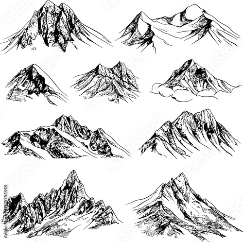 Hand Drawn Mountain Peaks Vector Set, Ink Sketch Alpine Landscapes, Scalable EPS Illustrator Art