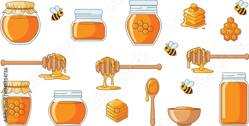 Honey Jar and Honey Dip Vector Set with Bees Honeycomb Spoon and Dripping Honey Illustration for Organic Food Design Beekeeping and Natural Sweet