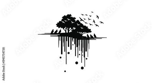 Stylized Tree with Birds and Dripping Roots - Abstract Nature Illustration