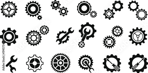 Assorted mechanical icons and tools in a gear-themed design collection