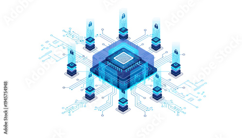 A futuristic blue microchip with glowing connections.