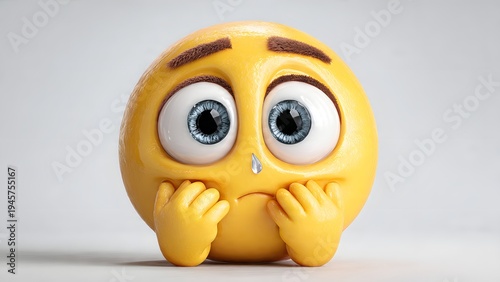 cartoon realistic yellow emoji, biting fingernails nervously, eyes looking sideways with anxiety, subtle sweat drop, expressive face, glossy 3D emoji style