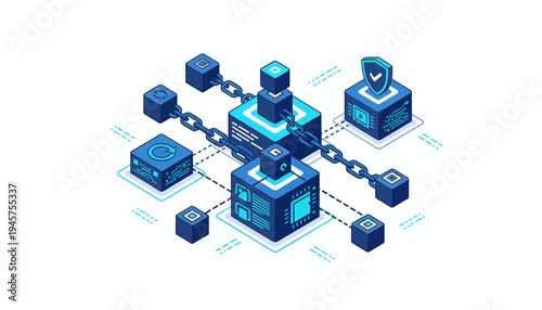 A blue isometric illustration of interconnected blocks and chains representing data security.