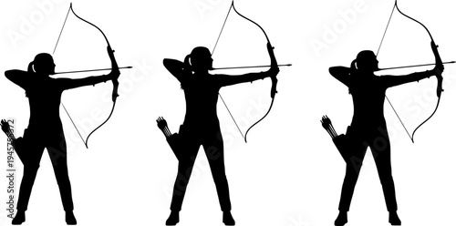 Solid black silhouette of an archer aiming with a bow and arrow, minimalist archery sport and competition vector illustration isolated on white.