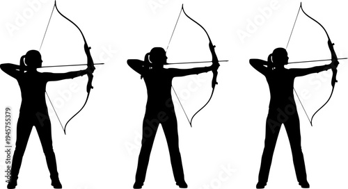 Solid black silhouette of an archer aiming with a bow and arrow, minimalist archery sport and competition vector illustration isolated on white.