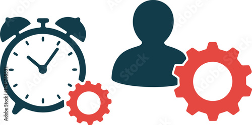 Person managing time with productivity gears and an alarm clock