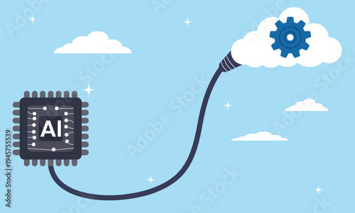 Artificial Intelligence chip connected to cloud computing, cloud computing concept. AI machine learning, neural network technology.