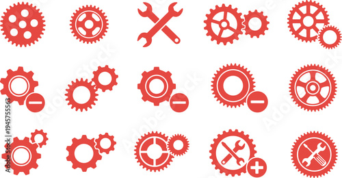 Creative assortment of gear icons with maintenance and modification symbols